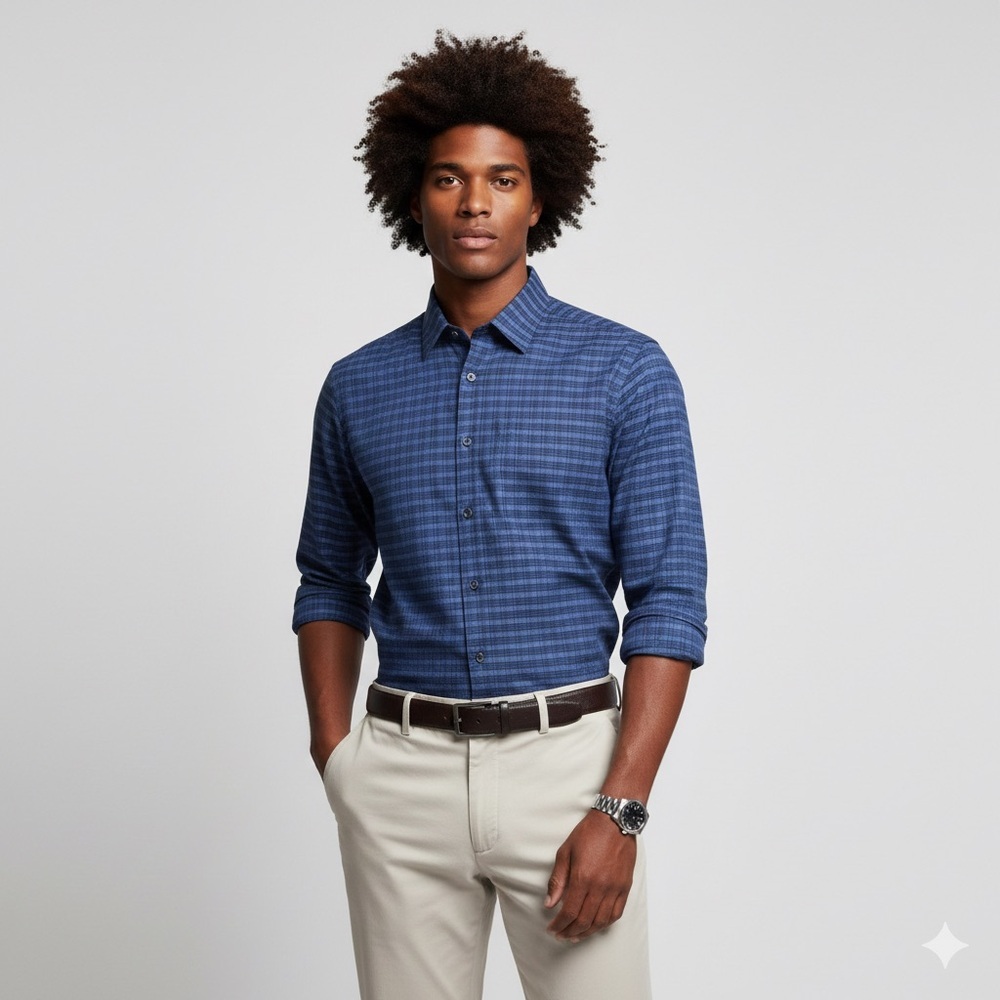 129 THEORY Men's Long Sleeve Plaid Shirt in 'Good Cotton', Blue, XL